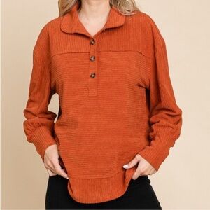 BOUTIQUE OTT Women's Orange Rust Corduroy Button Long Sleeve Pullover Top Sz M
